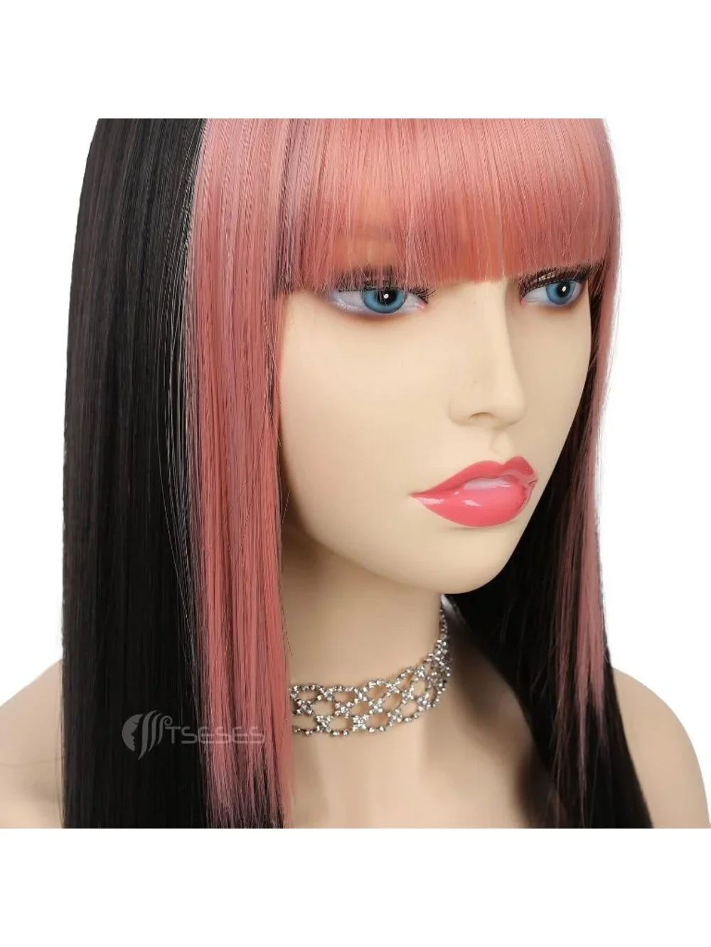 Women's Pink Black Long Curly Wig With Wavy Synthetic Cosplay Halloween Wig